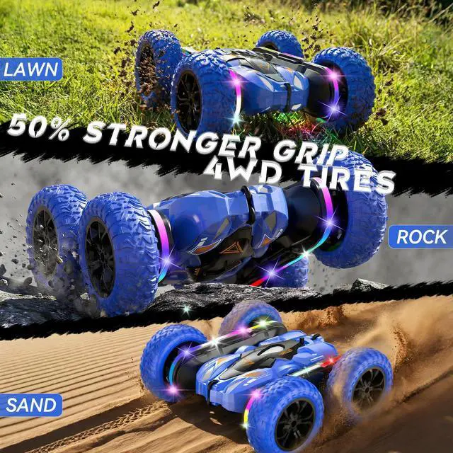 Alt view image 5 of 7 - RC Car for Boy Ages 6-12: 2 Batteries 360° Stunt Rotating 4WD Remote Control Toy with Headlights, Indoor Outdoor Birthday Gifts for Kids 6 7 8 9 10 11 12, Blue