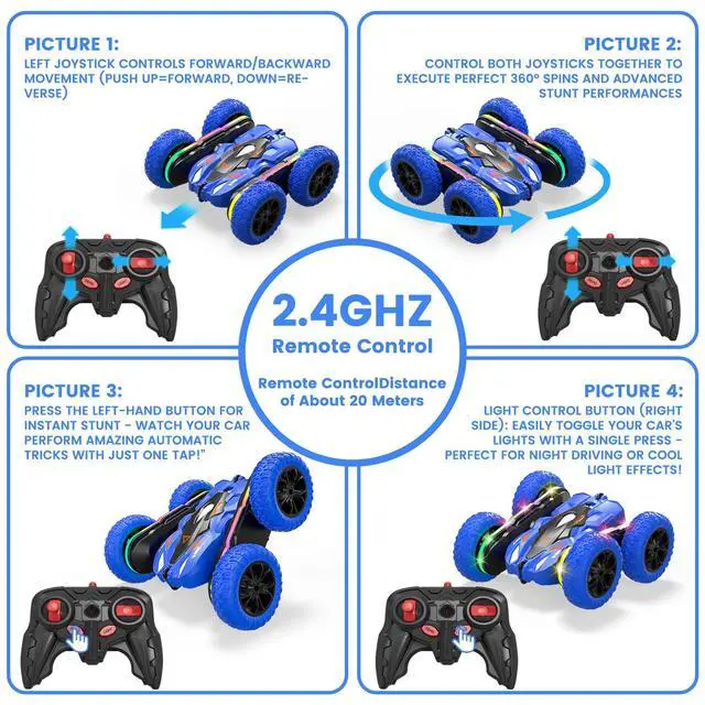 Alt view image 6 of 7 - RC Car for Boy Ages 6-12: 2 Batteries 360° Stunt Rotating 4WD Remote Control Toy with Headlights, Indoor Outdoor Birthday Gifts for Kids 6 7 8 9 10 11 12, Blue