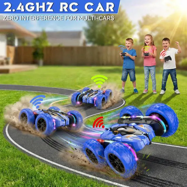 Alt view image 7 of 7 - RC Car for Boy Ages 6-12: 2 Batteries 360° Stunt Rotating 4WD Remote Control Toy with Headlights, Indoor Outdoor Birthday Gifts for Kids 6 7 8 9 10 11 12, Blue