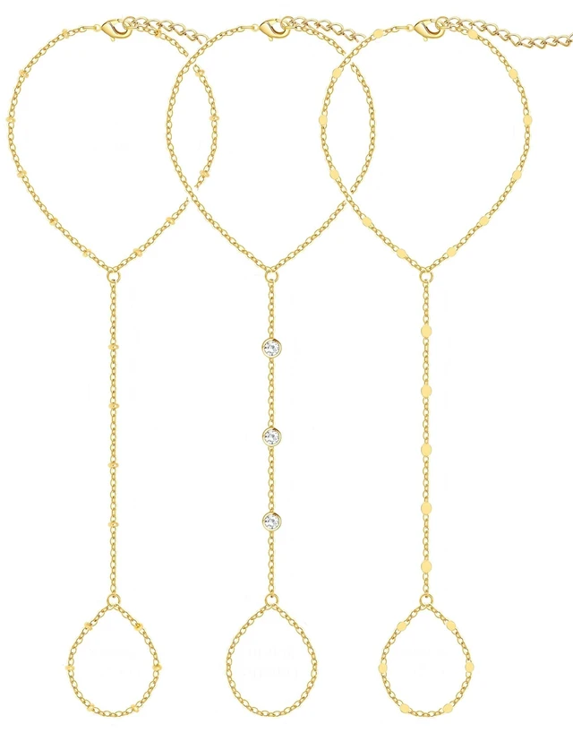 Main image of 3PCS 14K Gold-Plated Hand Chain Bracelets for Women, Stack Bracelets Set Adjustable, Dainty Ring Bracelet Hand Chain