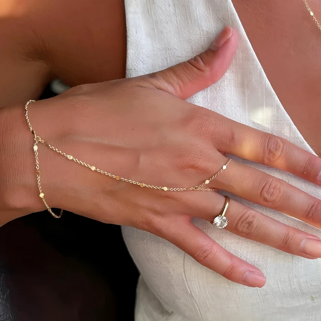 Alt view image 3 of 7 - 3PCS 14K Gold-Plated Hand Chain Bracelets for Women, Stack Bracelets Set Adjustable, Dainty Ring Bracelet Hand Chain