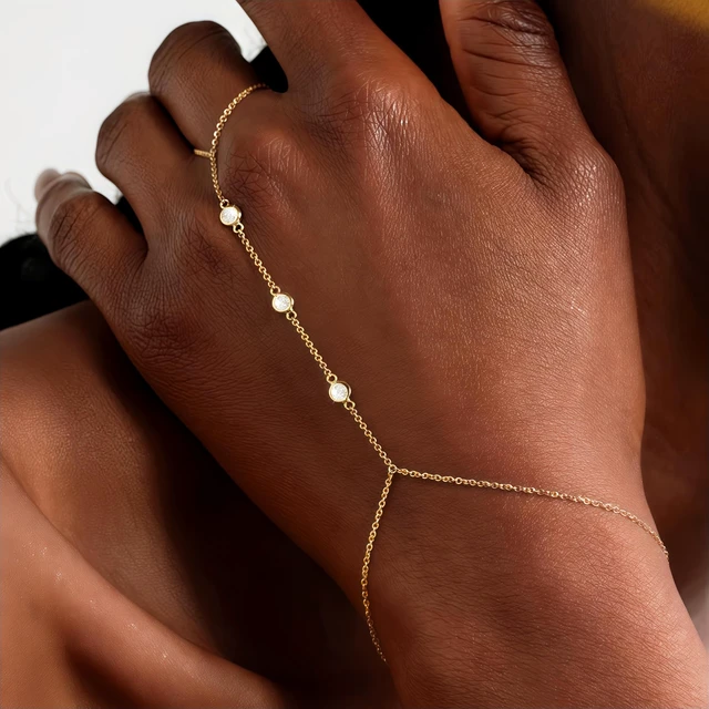Alt view image 2 of 7 - 3PCS 14K Gold-Plated Hand Chain Bracelets for Women, Stack Bracelets Set Adjustable, Dainty Ring Bracelet Hand Chain