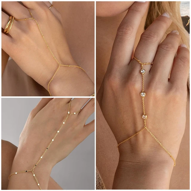 Alt view image 5 of 7 - 3PCS 14K Gold-Plated Hand Chain Bracelets for Women, Stack Bracelets Set Adjustable, Dainty Ring Bracelet Hand Chain