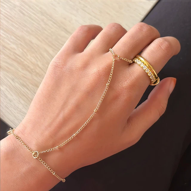 Alt view image 4 of 7 - 3PCS 14K Gold-Plated Hand Chain Bracelets for Women, Stack Bracelets Set Adjustable, Dainty Ring Bracelet Hand Chain