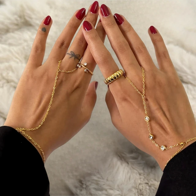Alt view image 7 of 7 - 3PCS 14K Gold-Plated Hand Chain Bracelets for Women, Stack Bracelets Set Adjustable, Dainty Ring Bracelet Hand Chain