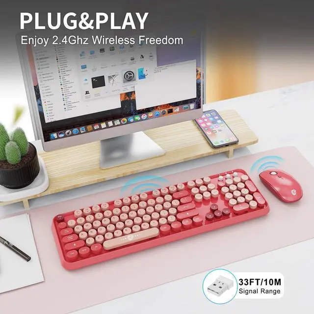 Alt view image 2 of 7 - Wireless Keyboard and Mouse Combo | Cute Colorful Keyboard and Mouse with 2.4GHz Cordless Retro Typewriter Keyboard | Auto-Sleep | USB Receiver for Windows PC/Laptop - Pink Colorful