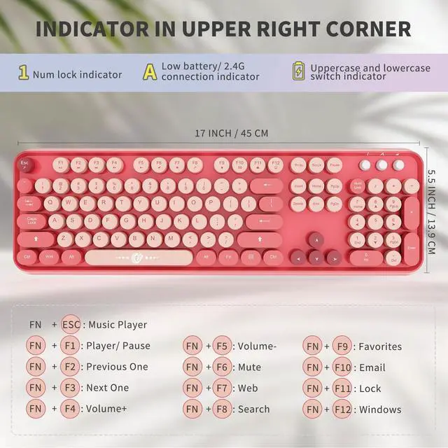 Alt view image 3 of 7 - Wireless Keyboard and Mouse Combo | Cute Colorful Keyboard and Mouse with 2.4GHz Cordless Retro Typewriter Keyboard | Auto-Sleep | USB Receiver for Windows PC/Laptop - Pink Colorful