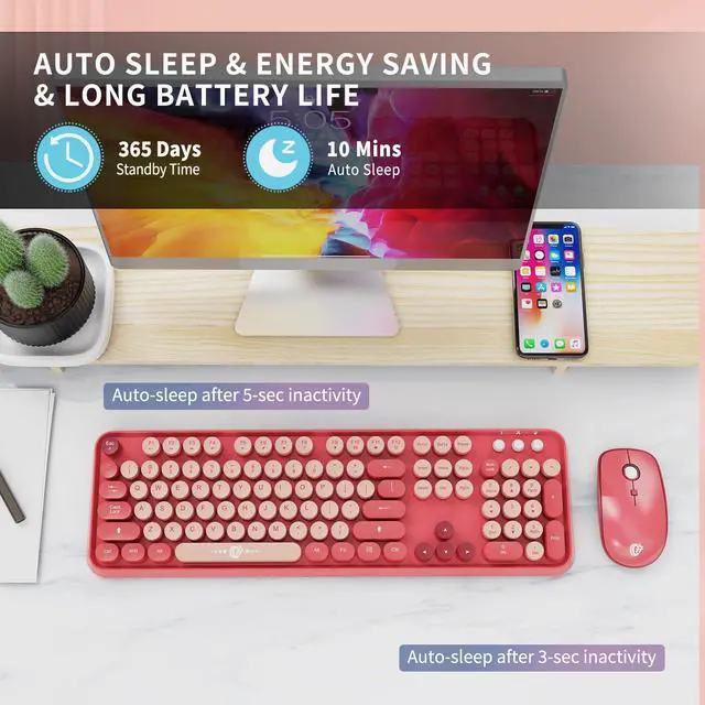 Alt view image 5 of 7 - Wireless Keyboard and Mouse Combo | Cute Colorful Keyboard and Mouse with 2.4GHz Cordless Retro Typewriter Keyboard | Auto-Sleep | USB Receiver for Windows PC/Laptop - Pink Colorful