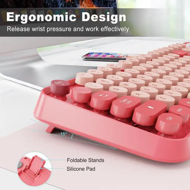 Alt view image 6 of 7 - Wireless Keyboard and Mouse Combo | Cute Colorful Keyboard and Mouse with 2.4GHz Cordless Retro Typewriter Keyboard | Auto-Sleep | USB Receiver for Windows PC/Laptop - Pink Colorful