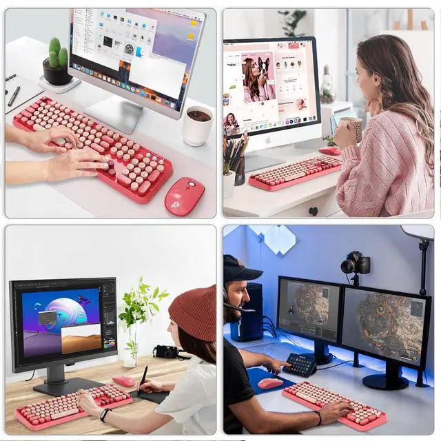 Alt view image 7 of 7 - Wireless Keyboard and Mouse Combo | Cute Colorful Keyboard and Mouse with 2.4GHz Cordless Retro Typewriter Keyboard | Auto-Sleep | USB Receiver for Windows PC/Laptop - Pink Colorful