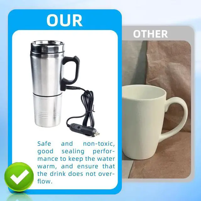 Alt view image 3 of 7 - 12V Car Heating Cup, Stainless Steel Electric Car Kettle with Cigarette Lighter Plug, Portable Travel Insulated Heated Mug, Vehicle Heated Coffee Cup Mug Warmer, for Hot Water Tea Coffee Making
