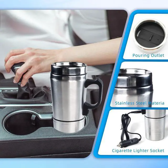 Alt view image 5 of 7 - 12V Car Heating Cup, Stainless Steel Electric Car Kettle with Cigarette Lighter Plug, Portable Travel Insulated Heated Mug, Vehicle Heated Coffee Cup Mug Warmer, for Hot Water Tea Coffee Making