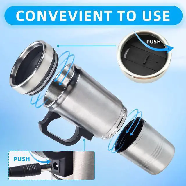 Alt view image 4 of 7 - 12V Car Heating Cup, Stainless Steel Electric Car Kettle with Cigarette Lighter Plug, Portable Travel Insulated Heated Mug, Vehicle Heated Coffee Cup Mug Warmer, for Hot Water Tea Coffee Making