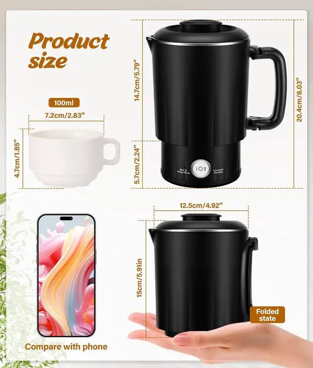 Alt view image 2 of 7 - Portable Travel Electric Kettle, 600ML Small Water Kettle with Ceramic Cup, 304 Stainless Steel Water Boiler with Dual Power Control, Compact Design for Camping, RV, Business Trip & Hotel Stays, Black
