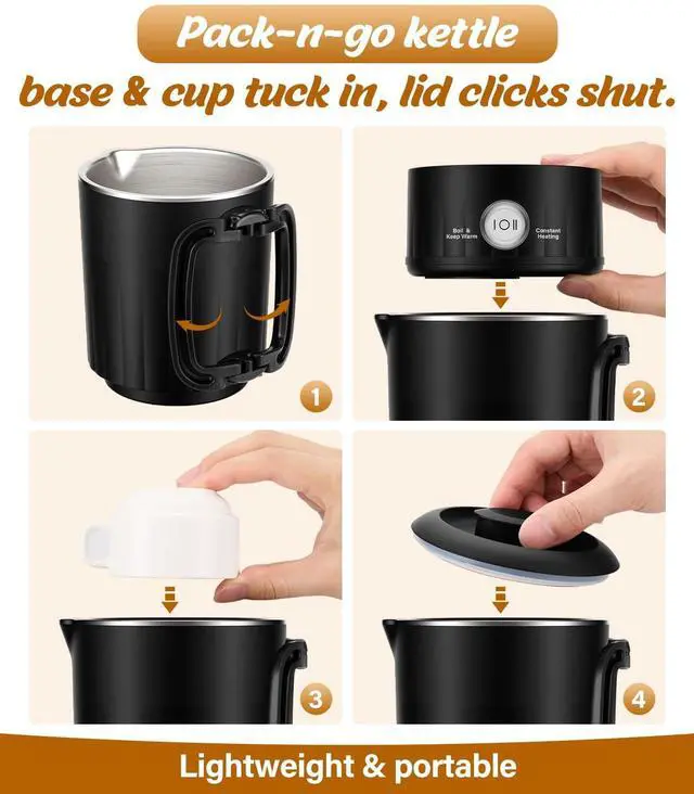 Alt view image 3 of 7 - Portable Travel Electric Kettle, 600ML Small Water Kettle with Ceramic Cup, 304 Stainless Steel Water Boiler with Dual Power Control, Compact Design for Camping, RV, Business Trip & Hotel Stays, Black