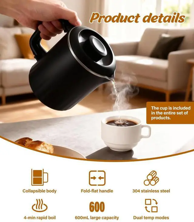 Alt view image 4 of 7 - Portable Travel Electric Kettle, 600ML Small Water Kettle with Ceramic Cup, 304 Stainless Steel Water Boiler with Dual Power Control, Compact Design for Camping, RV, Business Trip & Hotel Stays, Black