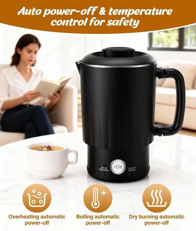 Alt view image 5 of 7 - Portable Travel Electric Kettle, 600ML Small Water Kettle with Ceramic Cup, 304 Stainless Steel Water Boiler with Dual Power Control, Compact Design for Camping, RV, Business Trip & Hotel Stays, Black