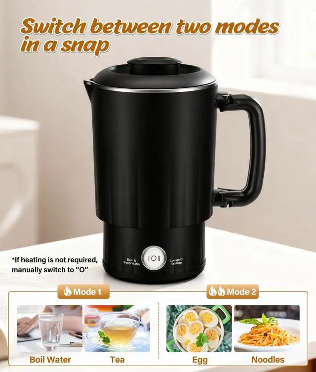 Alt view image 6 of 7 - Portable Travel Electric Kettle, 600ML Small Water Kettle with Ceramic Cup, 304 Stainless Steel Water Boiler with Dual Power Control, Compact Design for Camping, RV, Business Trip & Hotel Stays, Black