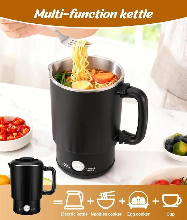 Alt view image 7 of 7 - Portable Travel Electric Kettle, 600ML Small Water Kettle with Ceramic Cup, 304 Stainless Steel Water Boiler with Dual Power Control, Compact Design for Camping, RV, Business Trip & Hotel Stays, Black