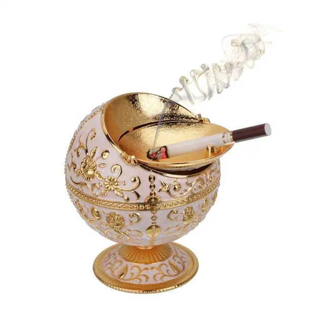 Alt view image 2 of 7 - Windproof Ashtray with Lid for Cigarettes Metal Portable Cigar Ashtray Odor Eliminator for Indoor outdoor Hand Stamped Rose Pattern with Sparkle Fancy Gift for Men Women(Jade white-Gold Rose)