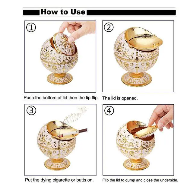 Alt view image 4 of 7 - Windproof Ashtray with Lid for Cigarettes Metal Portable Cigar Ashtray Odor Eliminator for Indoor outdoor Hand Stamped Rose Pattern with Sparkle Fancy Gift for Men Women(Jade white-Gold Rose)