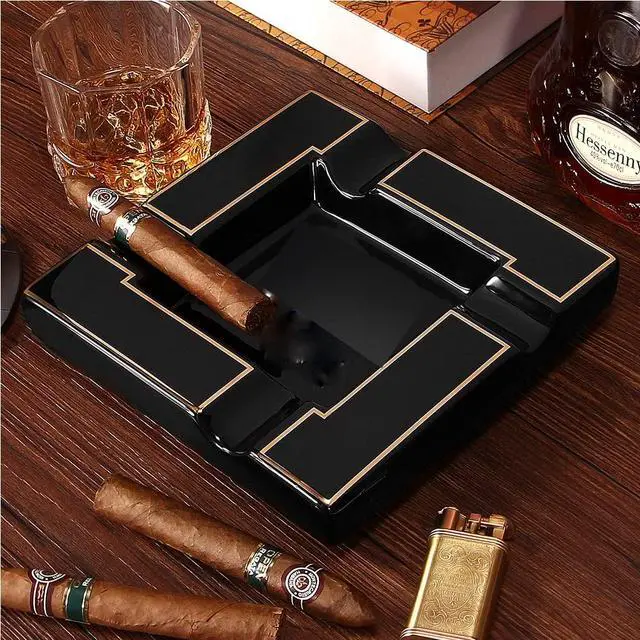 Alt view image 5 of 7 - Cigar Ashtray Large Ceramic Cigarettes Ash Tray Black Cigars Ashtrays for Men travel, Indoor, Outdoor, Patio, Home, Office, Gift