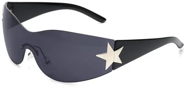 Main image of Rimless Y2K Sunglasses for Women Men Wrap Around Fashion Sunglasses Oversized Frameless 2000s Trendy Sun Glasses Black Lens and Black Frame
