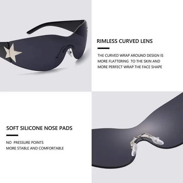 Alt view image 4 of 6 - Rimless Y2K Sunglasses for Women Men Wrap Around Fashion Sunglasses Oversized Frameless 2000s Trendy Sun Glasses Black Lens and Black Frame