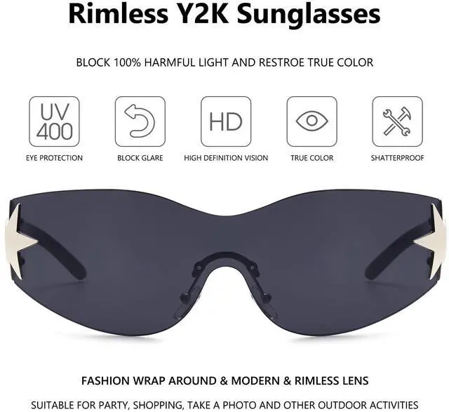 Alt view image 3 of 6 - Rimless Y2K Sunglasses for Women Men Wrap Around Fashion Sunglasses Oversized Frameless 2000s Trendy Sun Glasses Black Lens and Black Frame