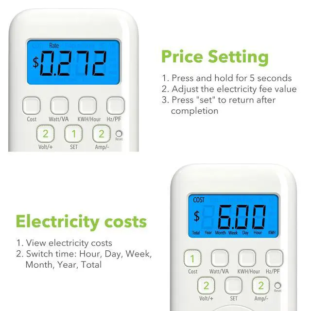 Alt view image 3 of 7 - Watt Meter Plug with Backlight, Plug-in Socket Power Meter Electricity Usage Monitor Consumption Home Electrical Energy Monitor, Voltage Amps Wattage Electricity Usage Tester, 9 Display Modes