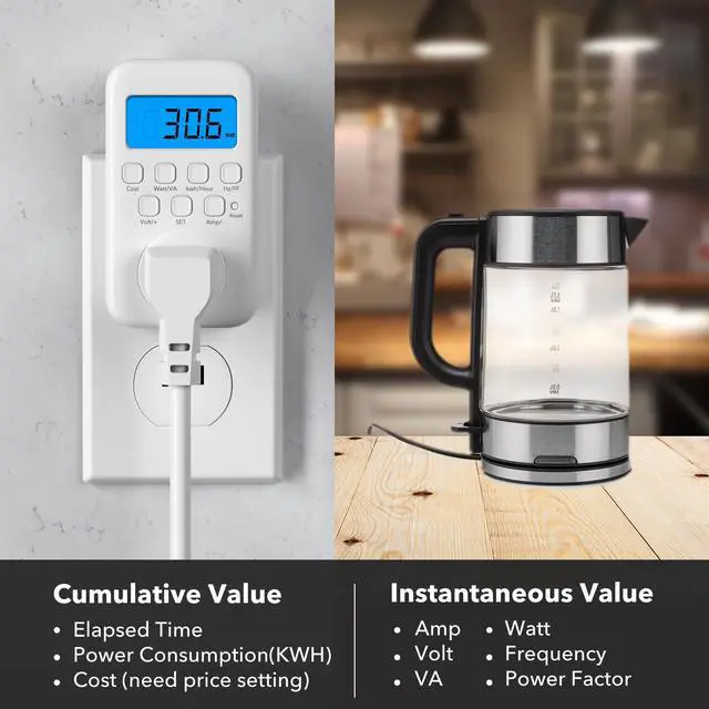 Alt view image 4 of 7 - Watt Meter Plug with Backlight, Plug-in Socket Power Meter Electricity Usage Monitor Consumption Home Electrical Energy Monitor, Voltage Amps Wattage Electricity Usage Tester, 9 Display Modes