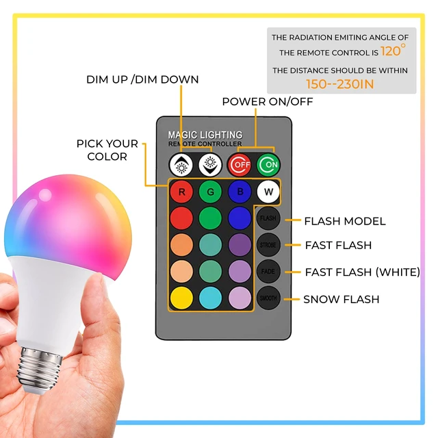 Alt view image 2 of 7 - Dimmable E26 Warm LED Light Bulb, 6W RGBW Color 500LM with 16 Color Changing Modes for Christmas, Party etc with Remote Control 2 Pack