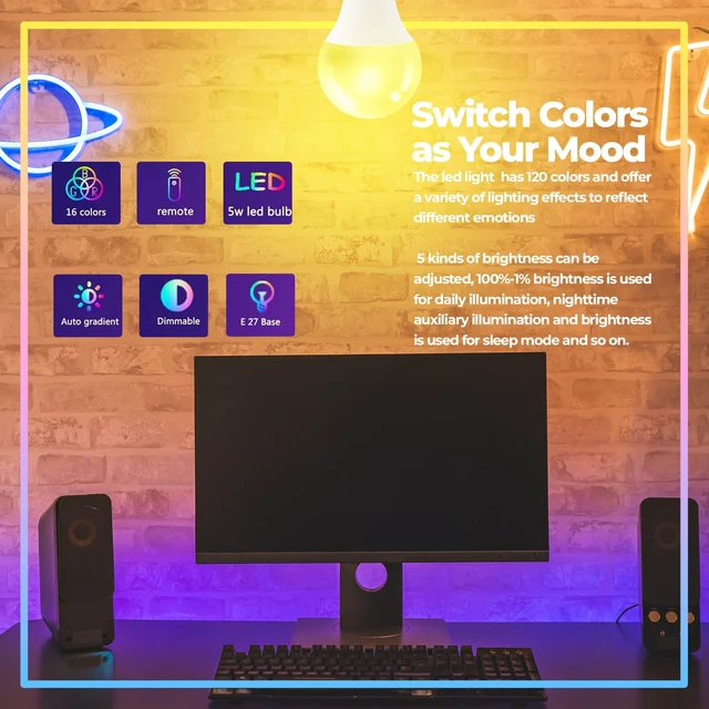 Alt view image 5 of 7 - Dimmable E26 Warm LED Light Bulb, 6W RGBW Color 500LM with 16 Color Changing Modes for Christmas, Party etc with Remote Control 2 Pack