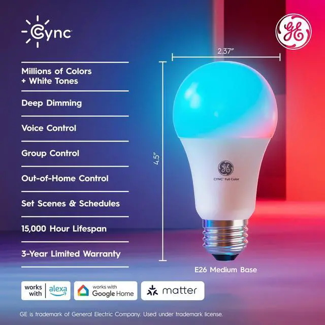 Alt view image 2 of 7 - GE A19 LED Smart Light Bulbs, Room Decor Aesthetic Bluetooth and WiFi Color Changing Lights, LED Indoor Light Bulb, Compatible with Alexa and Google (2 Pack)