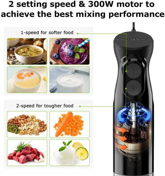 Alt view image 2 of 7 - Immersion Blender Handheld, 2 Mixing Speed Hand Blender Electric with Sharp Blades, 3-In-1 Hand Held Stick Blender with Egg Whisk, 24oz Beaker for Soups, Smoothies, Sauce