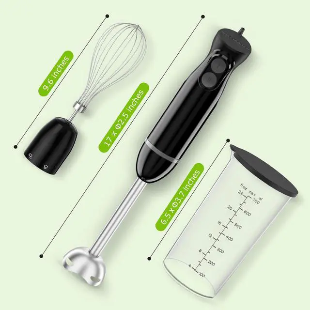 Alt view image 7 of 7 - Immersion Blender Handheld, 2 Mixing Speed Hand Blender Electric with Sharp Blades, 3-In-1 Hand Held Stick Blender with Egg Whisk, 24oz Beaker for Soups, Smoothies, Sauce