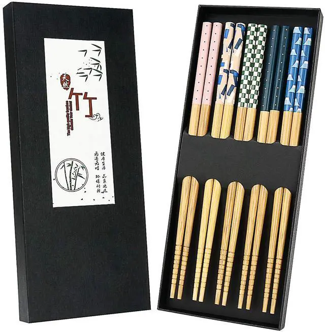 Main image of 5 Pairs Japanese Natural Bamboo Chopsticks with Unique Pattern Dishwasher Safe, Reusable Non-Slip Chopstick Gift Set for Asian Dishes Sushi Rice Noodles, Nicely Boxed Chinese Chop Sticks Functional