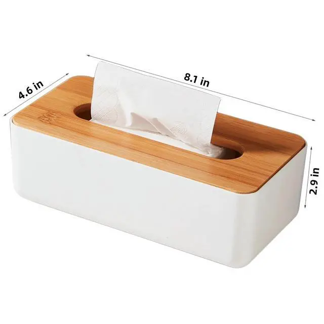 Alt view image 2 of 7 - Tissue Box with Bamboo Cover, Plastic Tissue Organizer, Bathroom Tissue Dispenser for Home, Bedroom, Office, Living Room, 8.1 × 4.5 × 3.1 in (White)