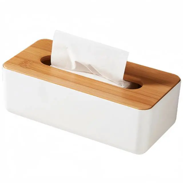 Main image of Tissue Box with Bamboo Cover, Plastic Tissue Organizer, Bathroom Tissue Dispenser for Home, Bedroom, Office, Living Room, 8.1 × 4.5 × 3.1 in (White)