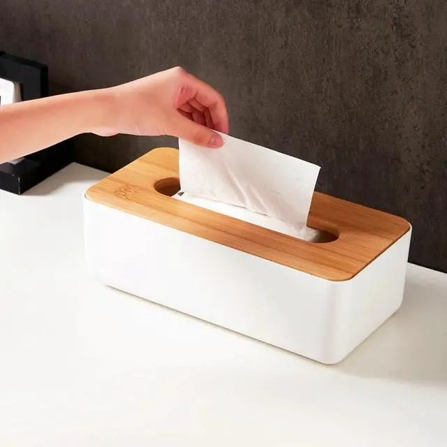 Alt view image 3 of 7 - Tissue Box with Bamboo Cover, Plastic Tissue Organizer, Bathroom Tissue Dispenser for Home, Bedroom, Office, Living Room, 8.1 × 4.5 × 3.1 in (White)