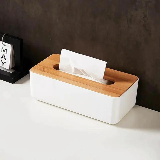 Alt view image 4 of 7 - Tissue Box with Bamboo Cover, Plastic Tissue Organizer, Bathroom Tissue Dispenser for Home, Bedroom, Office, Living Room, 8.1 × 4.5 × 3.1 in (White)