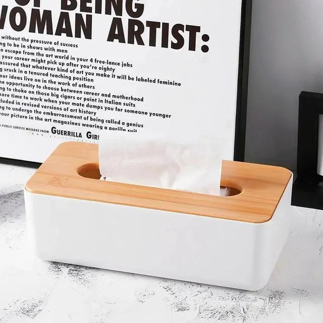 Alt view image 5 of 7 - Tissue Box with Bamboo Cover, Plastic Tissue Organizer, Bathroom Tissue Dispenser for Home, Bedroom, Office, Living Room, 8.1 × 4.5 × 3.1 in (White)
