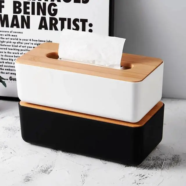 Alt view image 6 of 7 - Tissue Box with Bamboo Cover, Plastic Tissue Organizer, Bathroom Tissue Dispenser for Home, Bedroom, Office, Living Room, 8.1 × 4.5 × 3.1 in (White)