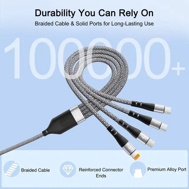Alt view image 4 of 7 - SIQIWO 4 in 1 Multi Charger Cable, 2 Pack/ 4FT/ 3A Fast Charging Cord | Braided Charging Cord for Multiple Devices with Type C/ IP Ports for Cell Phones, Samsung, Android, Tablet, Laptop, Switch