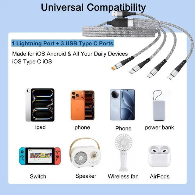 Alt view image 5 of 7 - SIQIWO 4 in 1 Multi Charger Cable, 2 Pack/ 4FT/ 3A Fast Charging Cord | Braided Charging Cord for Multiple Devices with Type C/ IP Ports for Cell Phones, Samsung, Android, Tablet, Laptop, Switch