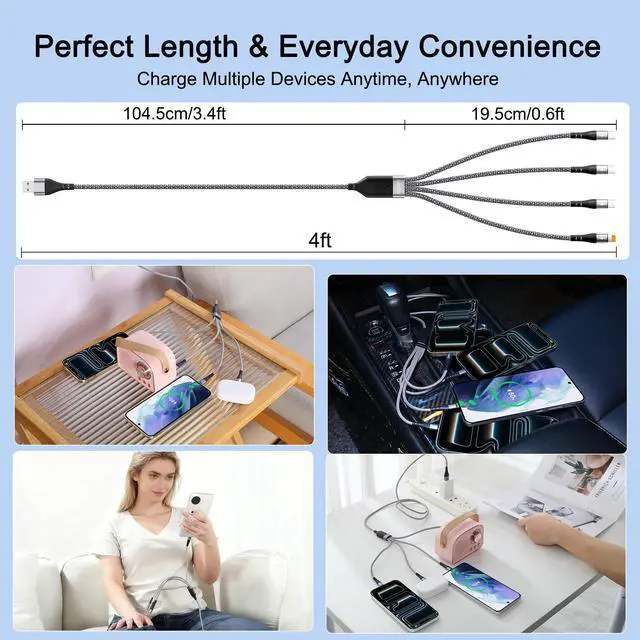 Alt view image 6 of 7 - SIQIWO 4 in 1 Multi Charger Cable, 2 Pack/ 4FT/ 3A Fast Charging Cord | Braided Charging Cord for Multiple Devices with Type C/ IP Ports for Cell Phones, Samsung, Android, Tablet, Laptop, Switch