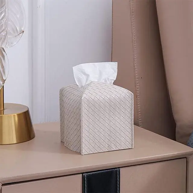 Alt view image 2 of 7 - Tissue Box Cover PU Leather Tissue Holder Square Facial Tissue Case Facial Paper Organizer Dispenser for Bathroom, Vanity Countertop, Tabletop, Car, Griege