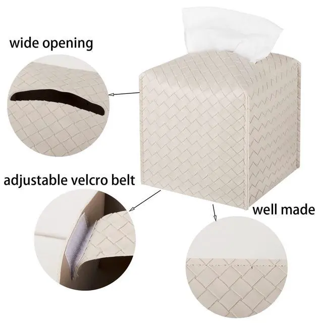 Alt view image 5 of 7 - Tissue Box Cover PU Leather Tissue Holder Square Facial Tissue Case Facial Paper Organizer Dispenser for Bathroom, Vanity Countertop, Tabletop, Car, Griege