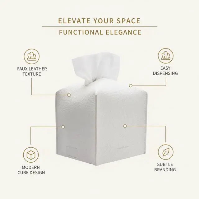 Alt view image 2 of 6 - Tissue Box Cover Holder, Square with Bottom Belt by Carrot's Den - PU Leather Decorative Organizer for Tabletop, Bathroom, Car, Office | Pure White