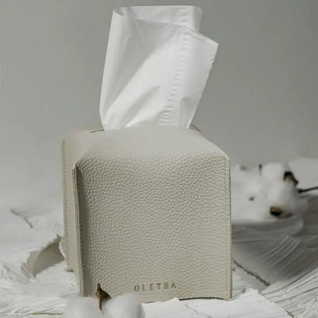 Alt view image 2 of 5 - Square Tissue Box Cover - Aesthetic Desk Decor for Room, Home & Office - Tissues Cube Boxes Holder - Light Taupe